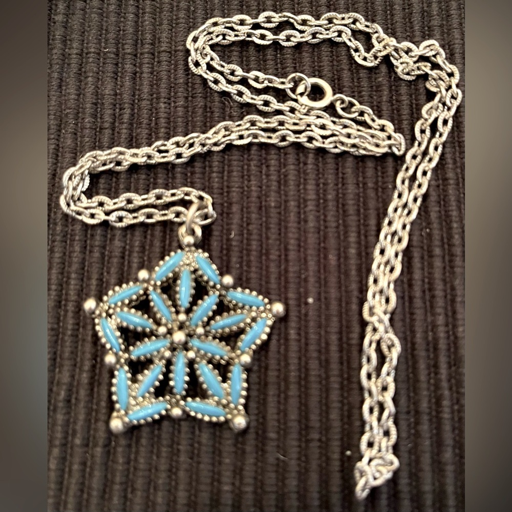 Turquoise and Silver Star Pendant Necklace with Classic Silver Chain